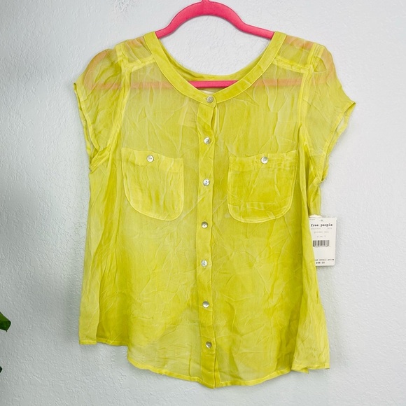 Free People Spellbound Collar Button Up Sheer open back Blouse in Golden Moss - Picture 2 of 6